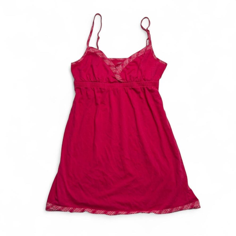 Pink babydoll top with white plaid trim on straps and hem size small